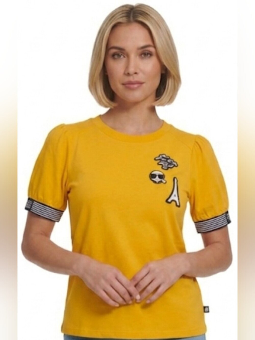 Karl Lagerfield Paris Yellow Short Puff Sleeve Round Neck Logo Patch Top XL RARE